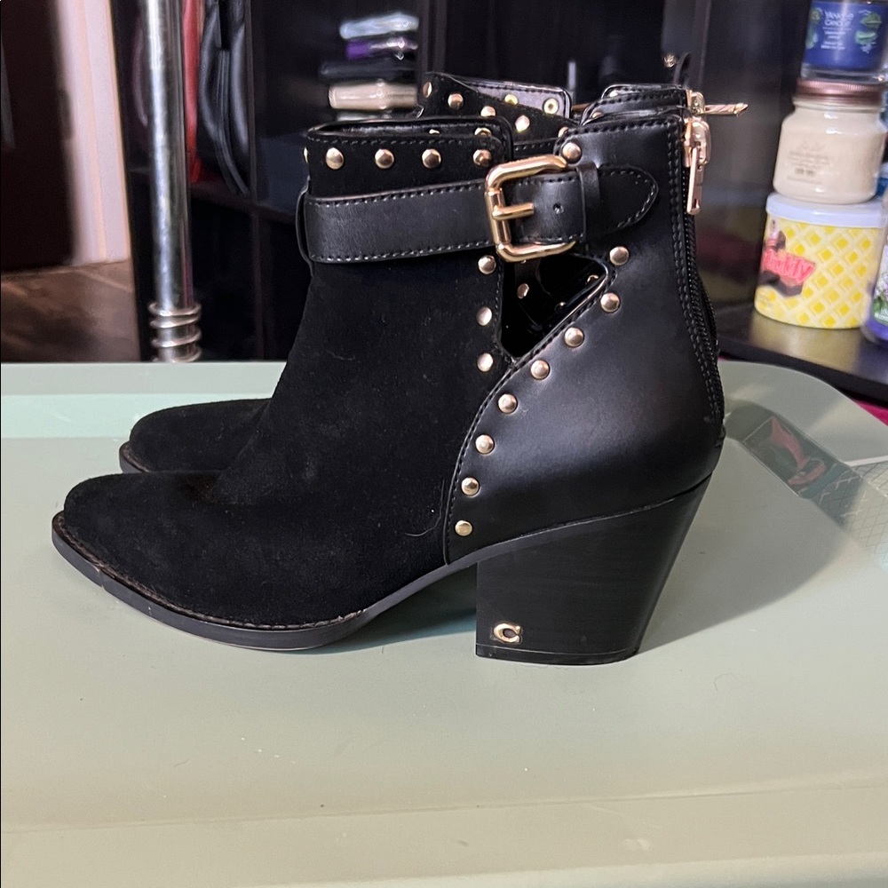 Coach Black Studded Ankle Bootie with Buckle Strap